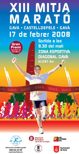 Cartell de la XIII mitja marató Gavà - Castelldefels - Gavà (17 de febrer de 2008) que utilitza símbols de Gavà Mar (la vela i els llums del passeig marítim)
